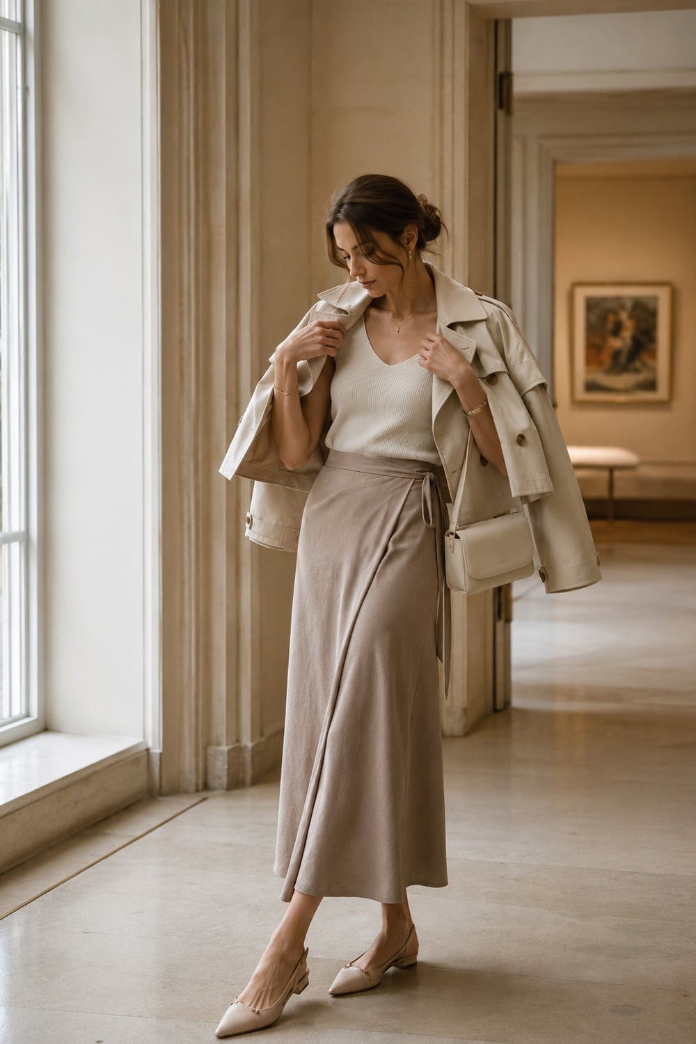 cropped trench coat style outfit with a polished transitional weather look