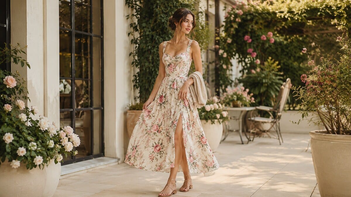 floral corset dress style with elegant romantic summer outfit styling