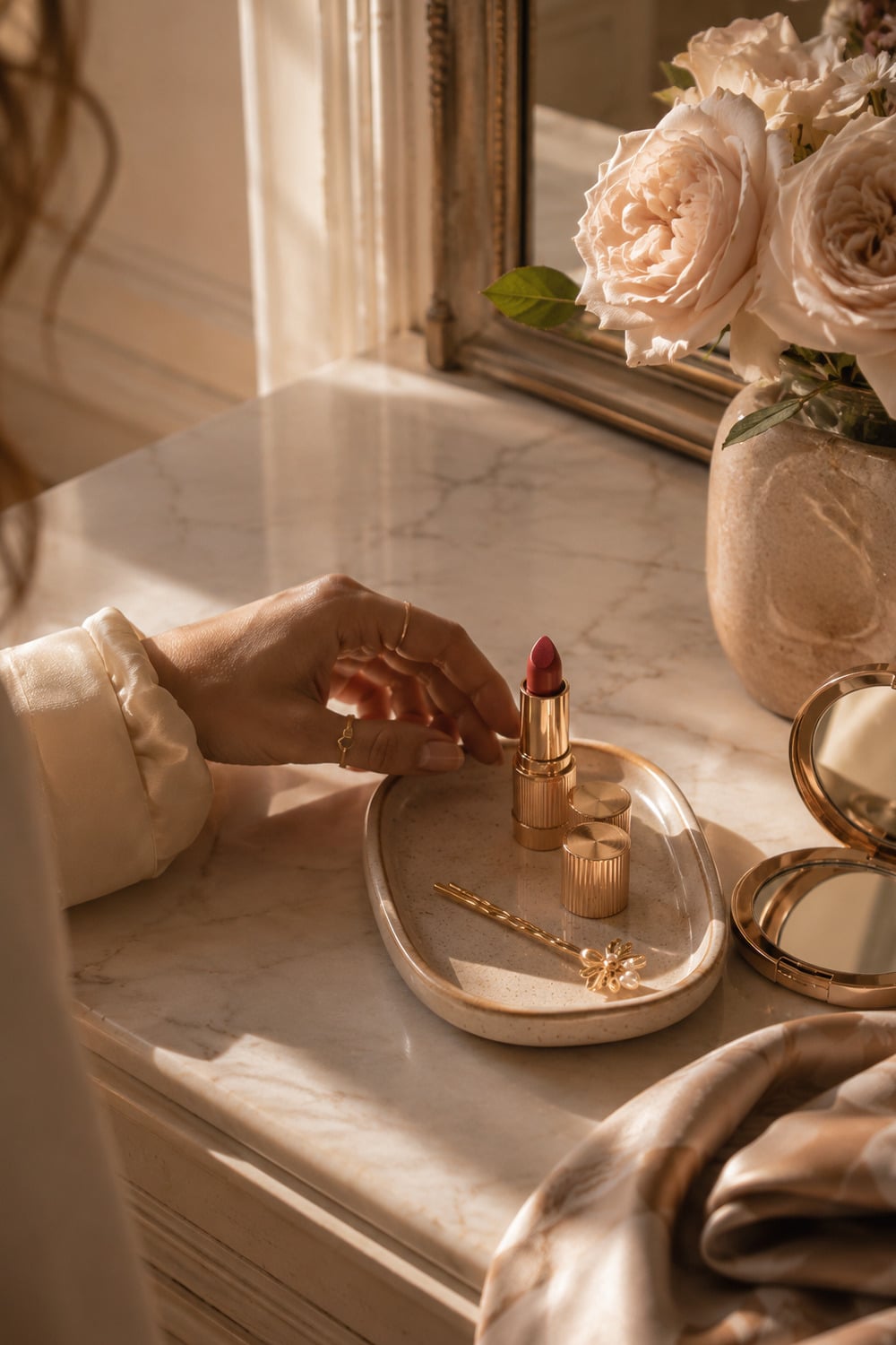 French girl beauty essentials with soft lipstick and polished styling details