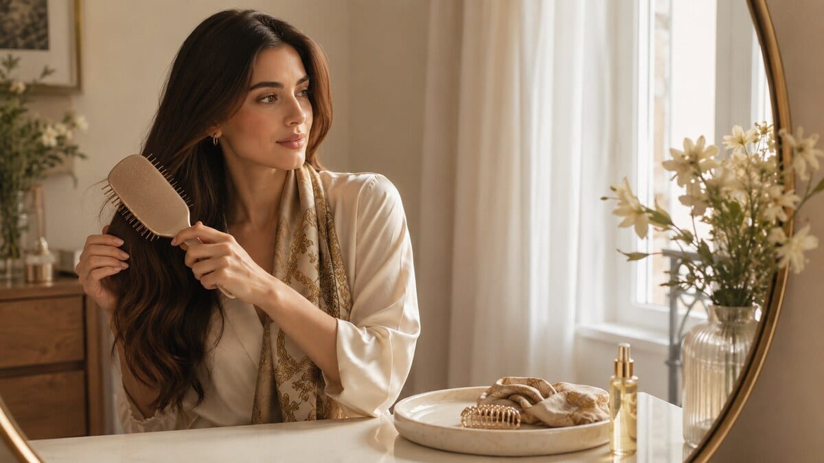 Glossy hair routine for soft polished hair with gentle beauty habits