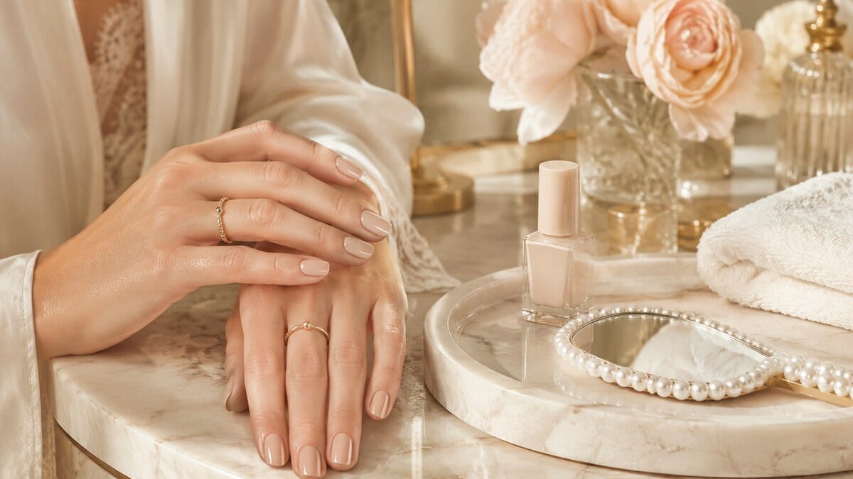 glossy neutral nails with polished nude manicure details on a refined beauty vanity