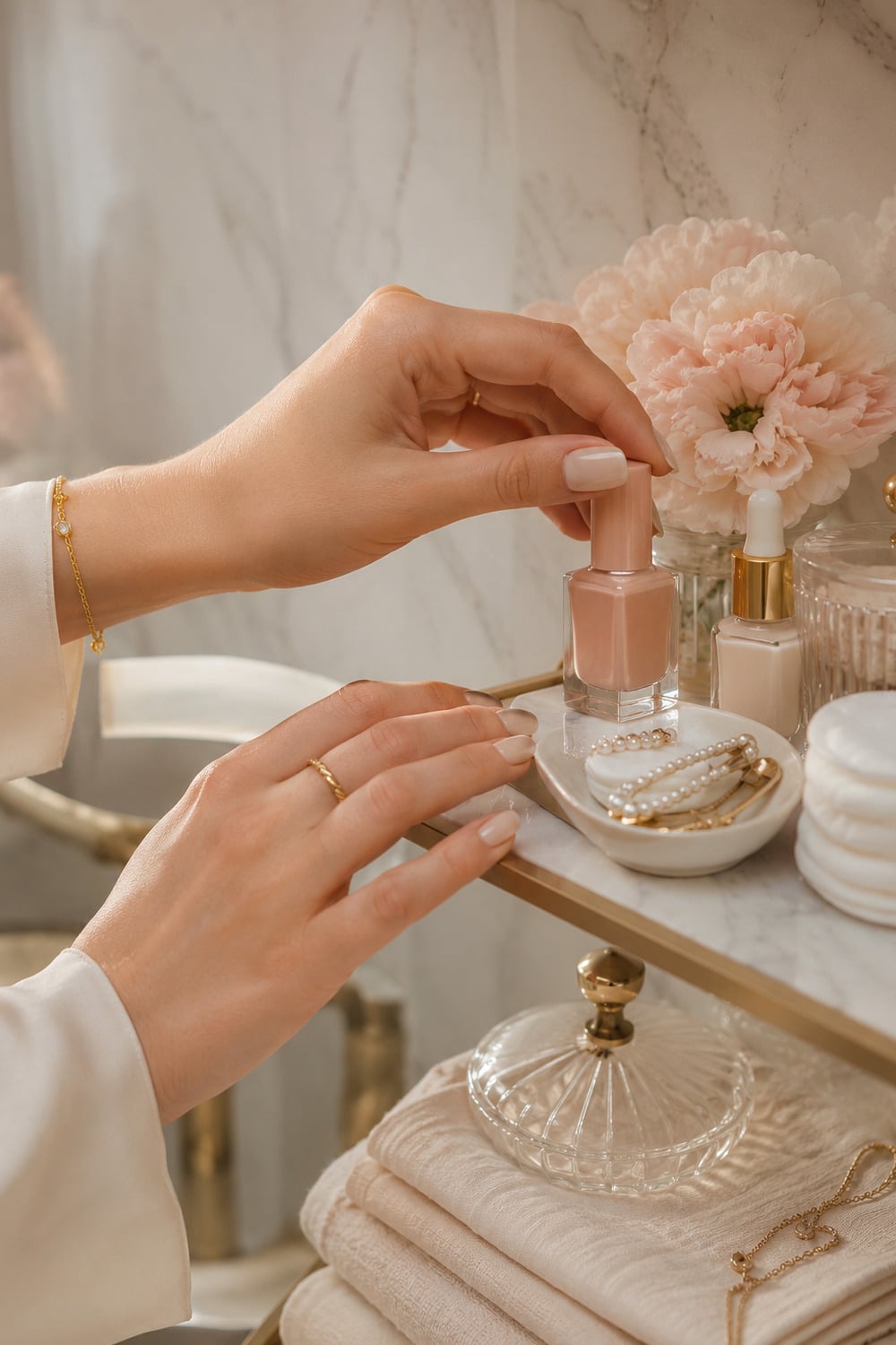 glossy neutral nails with polished manicure ideas for women