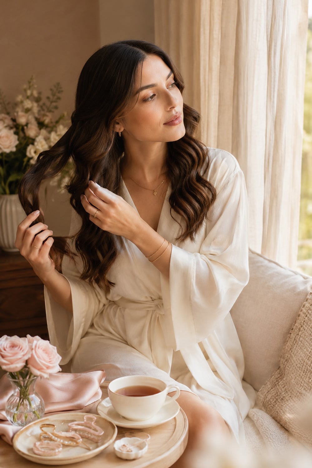 Heatless curls for women shown in a calm evening hair styling ritual
