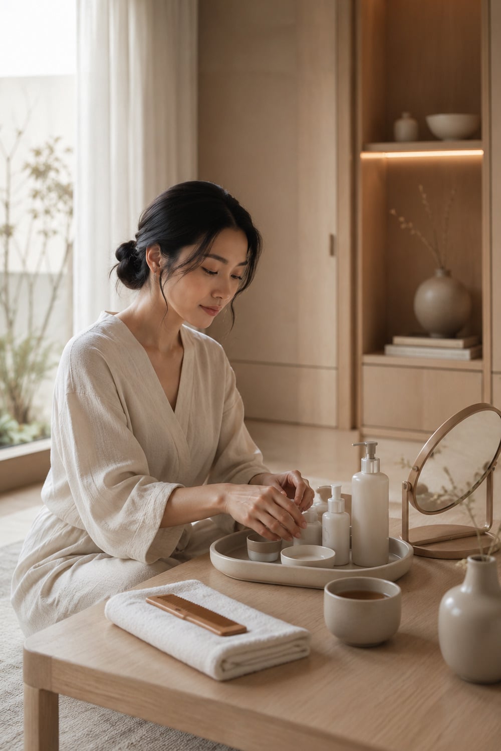 Japanese beauty rituals in a calm editorial vanity setting
