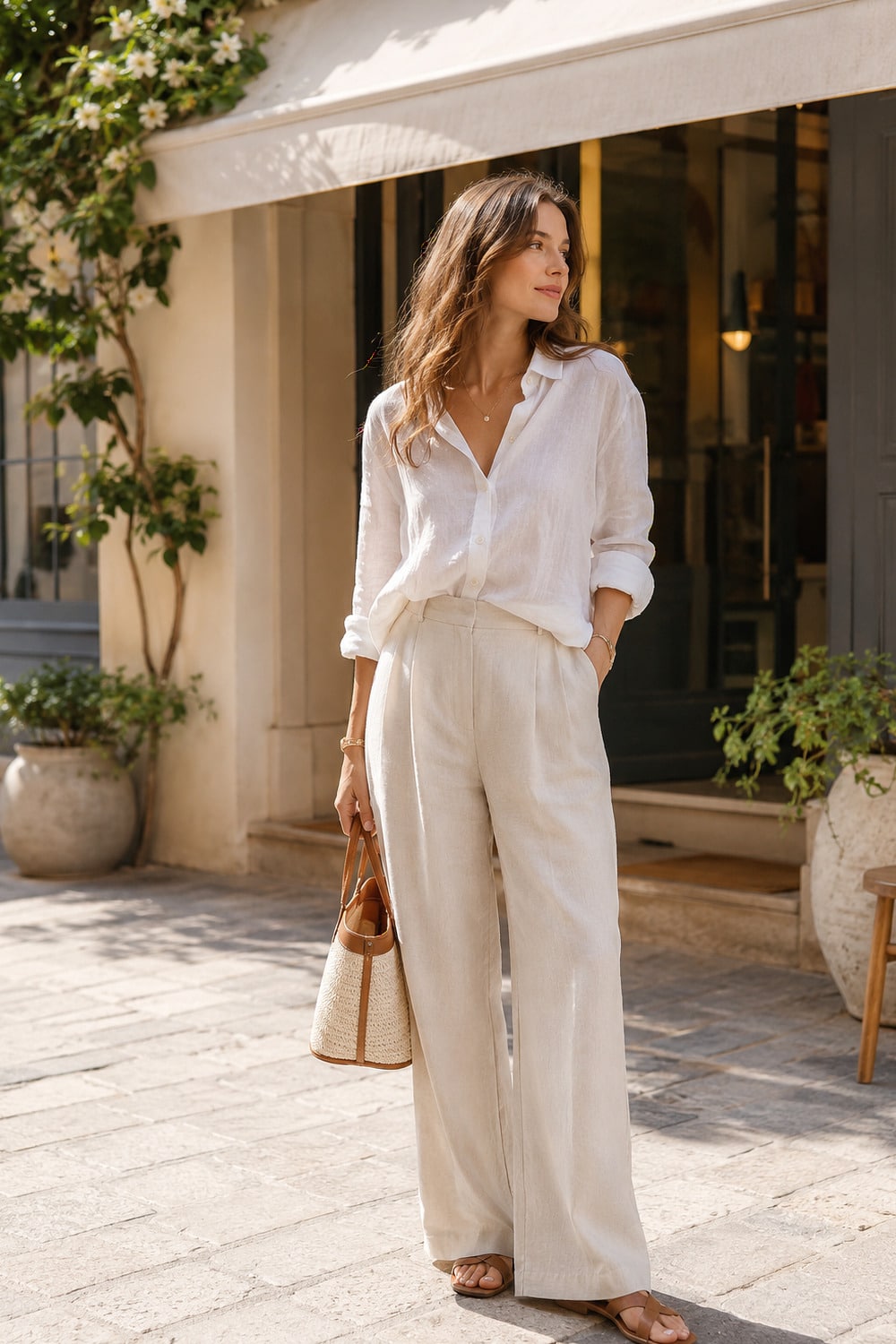 linen shirt outfits for polished summer style with neutral accessories