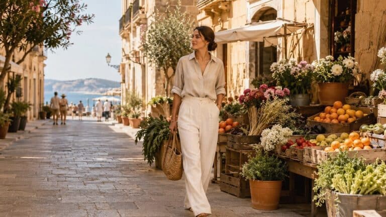 Mediterranean women lifestyle slower living in a sunlit coastal city street