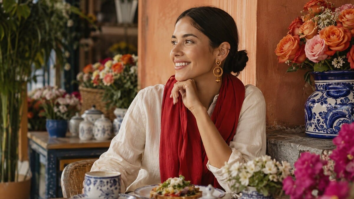 Mexican women lifestyle inspiration with colorful flowers, elegant city atmosphere, and calm everyday confidence