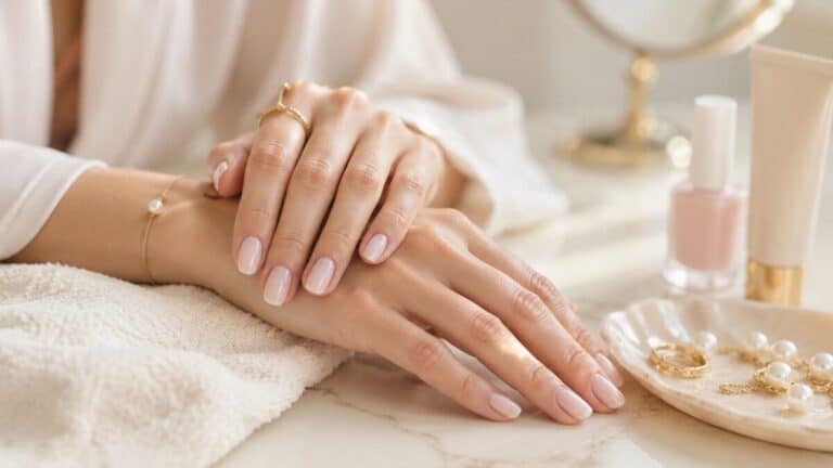 milky nails with clean elegant manicure details on a refined beauty vanity