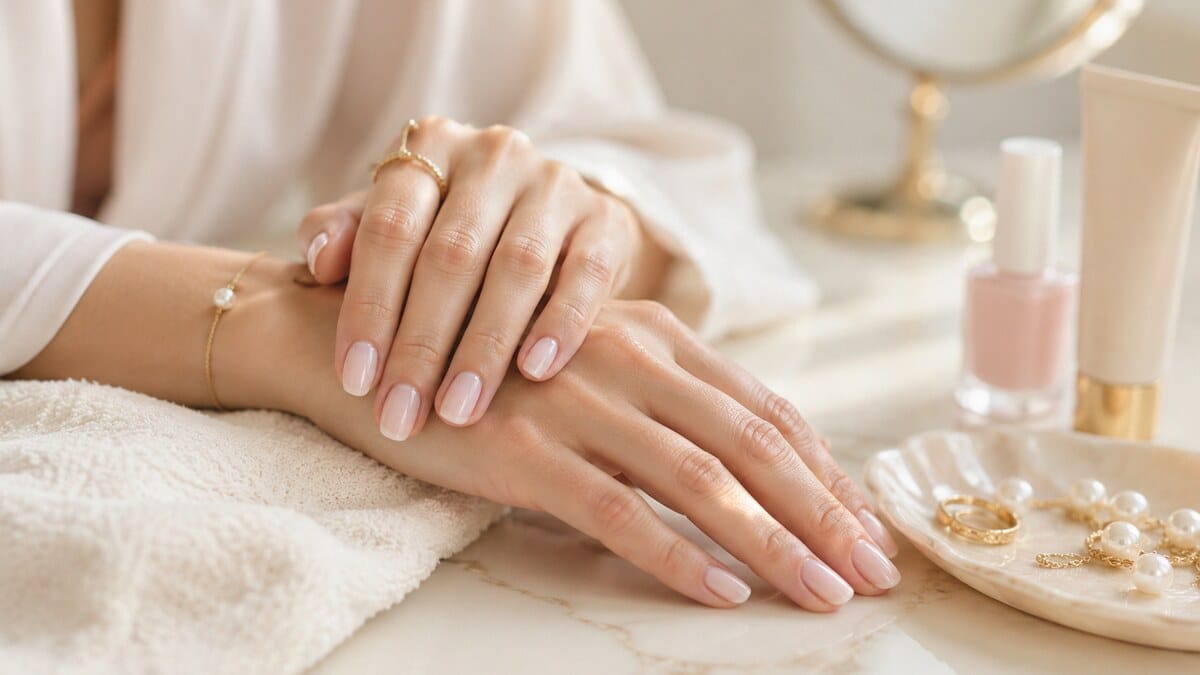 milky nails with clean elegant manicure details on a refined beauty vanity
