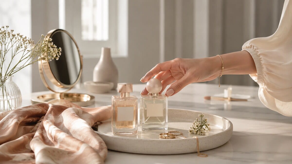 Minimalist Fragrance Layering shown through elegant perfume bottles on a soft neutral vanity tray