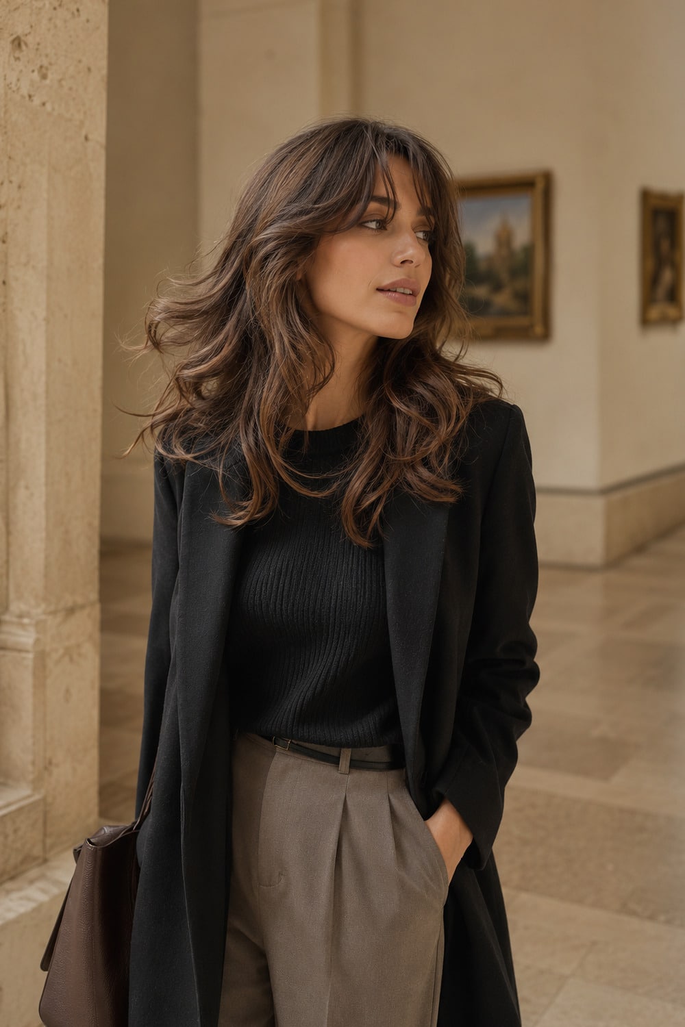 Modern shag haircut for women with soft layers and curtain bangs in an elegant beauty editorial scene