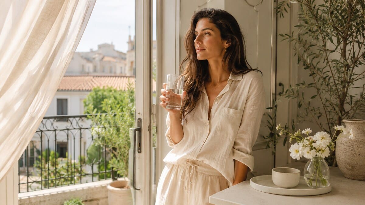 Morning light ritual for women with soft daylight and calm wellness habits