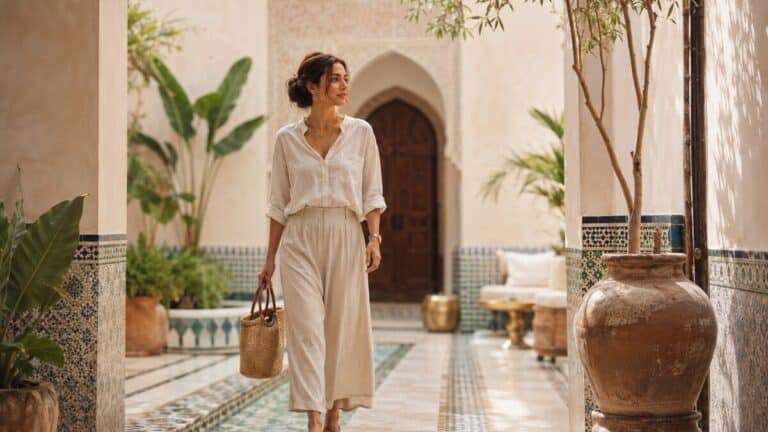 Moroccan women lifestyle elegance and ritual in a refined courtyard with warm textures