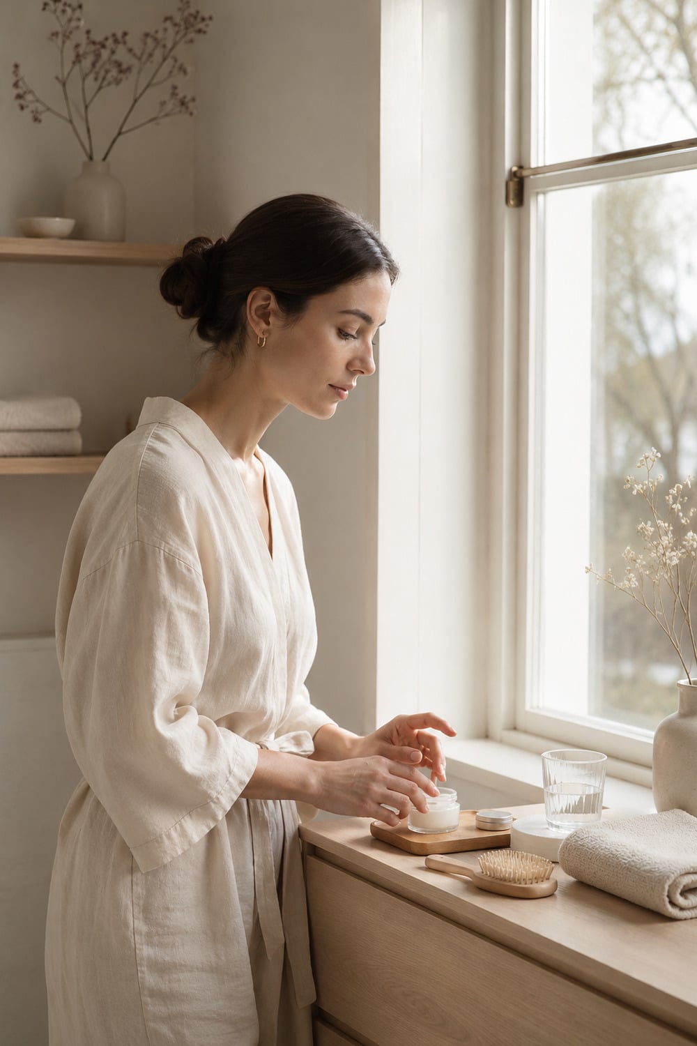 Nordic beauty rituals in a calm natural confidence editorial scene