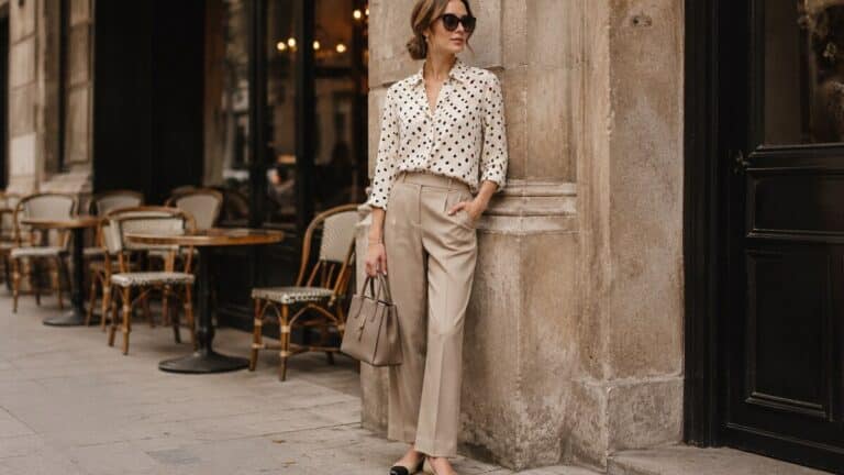 polka dot style outfit with a refined dotted blouse, neutral skirt and elegant everyday accessories