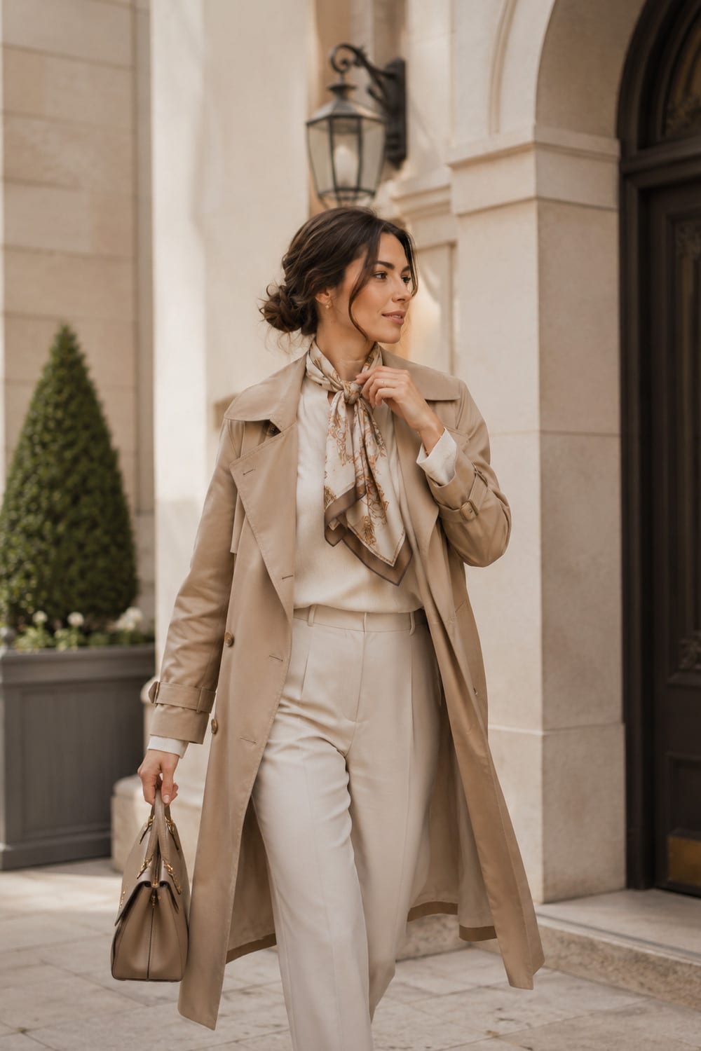 Elegant woman styling a silk scarf with a neutral outfit for a polished lifestyle look