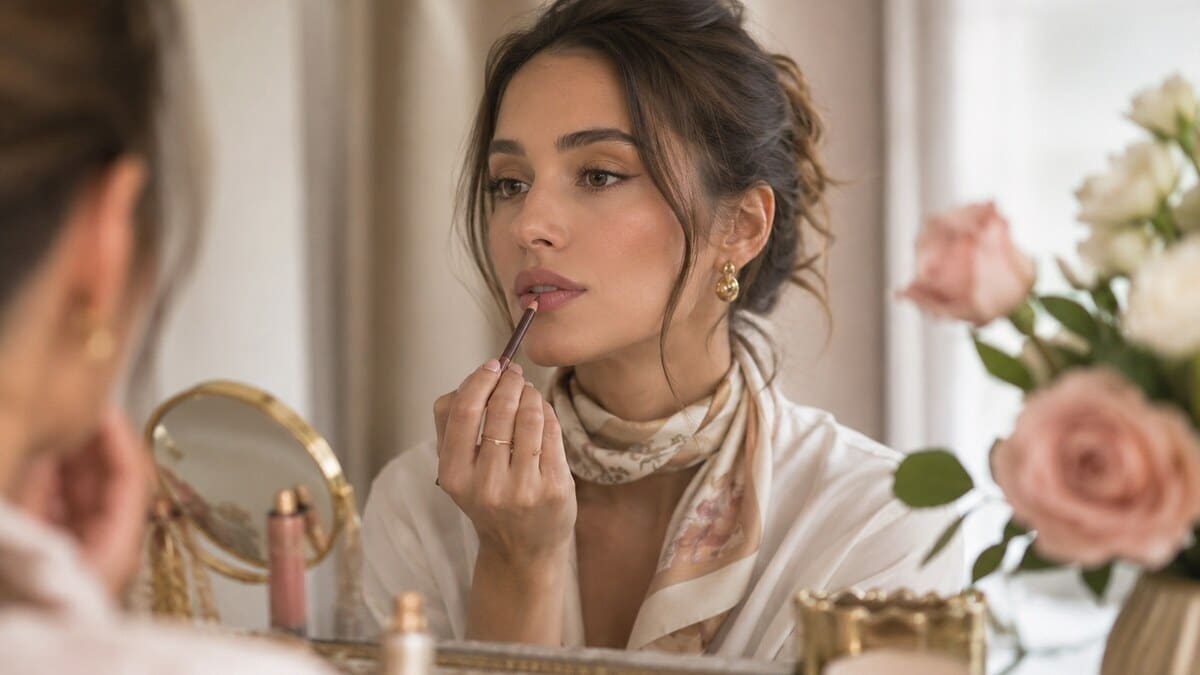 Soft-Focus Lip Liner on an elegant woman with soft natural makeup
