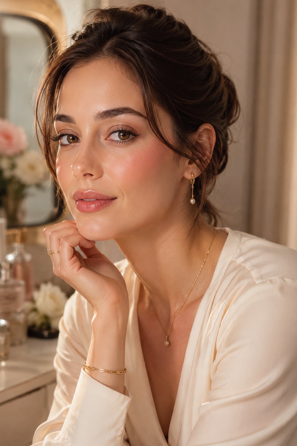 soft makeup look with natural glowing skin and gentle everyday confidence