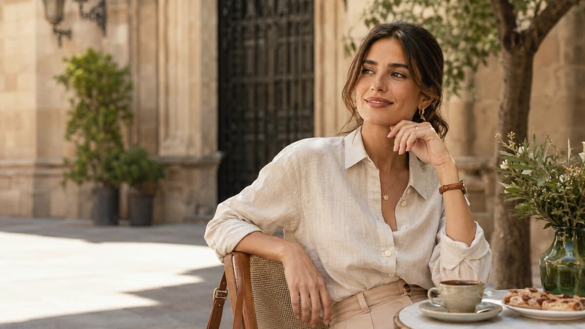 Spanish women lifestyle lessons with an elegant modern woman in a sunlit Spanish city setting