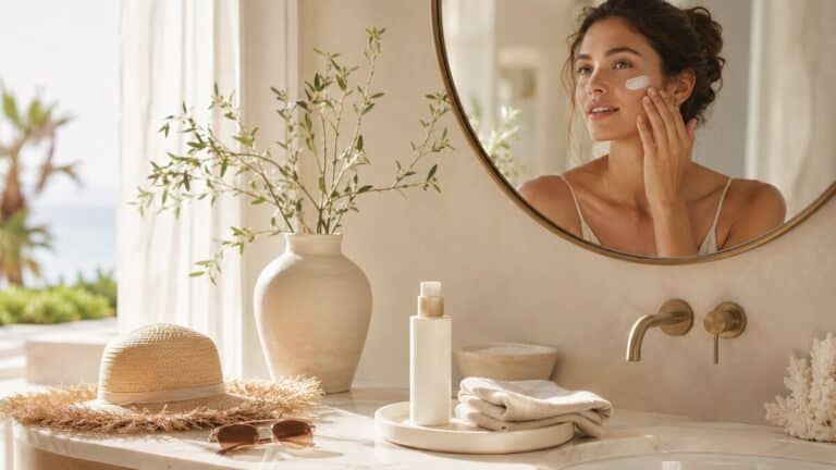 SPF 50 Skincare daily habit with elegant sunscreen and healthy-looking skin