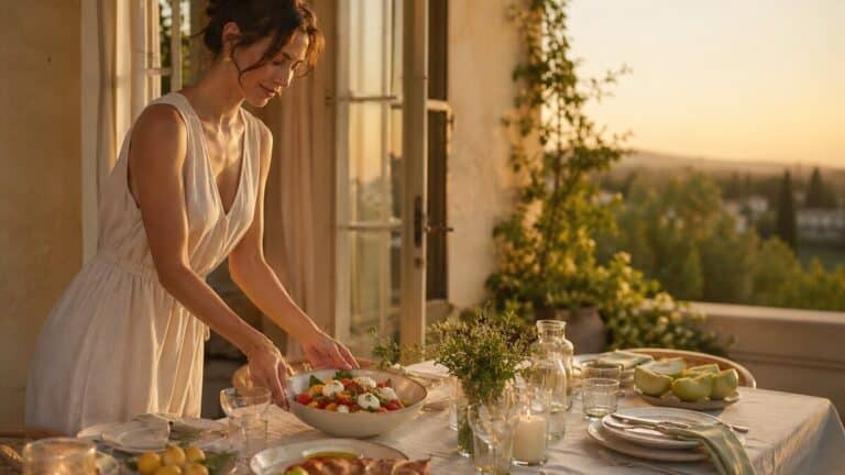 Summer Weeknight Dinners set on an elegant summer table with seasonal food and soft evening light