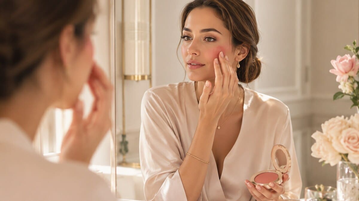Watercolor Blush Makeup shown through a soft fresh beauty mirror scene with diffused cheek color