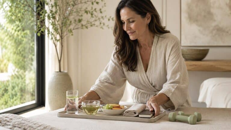 women's longevity habits shown through a calm healthy aging lifestyle scene