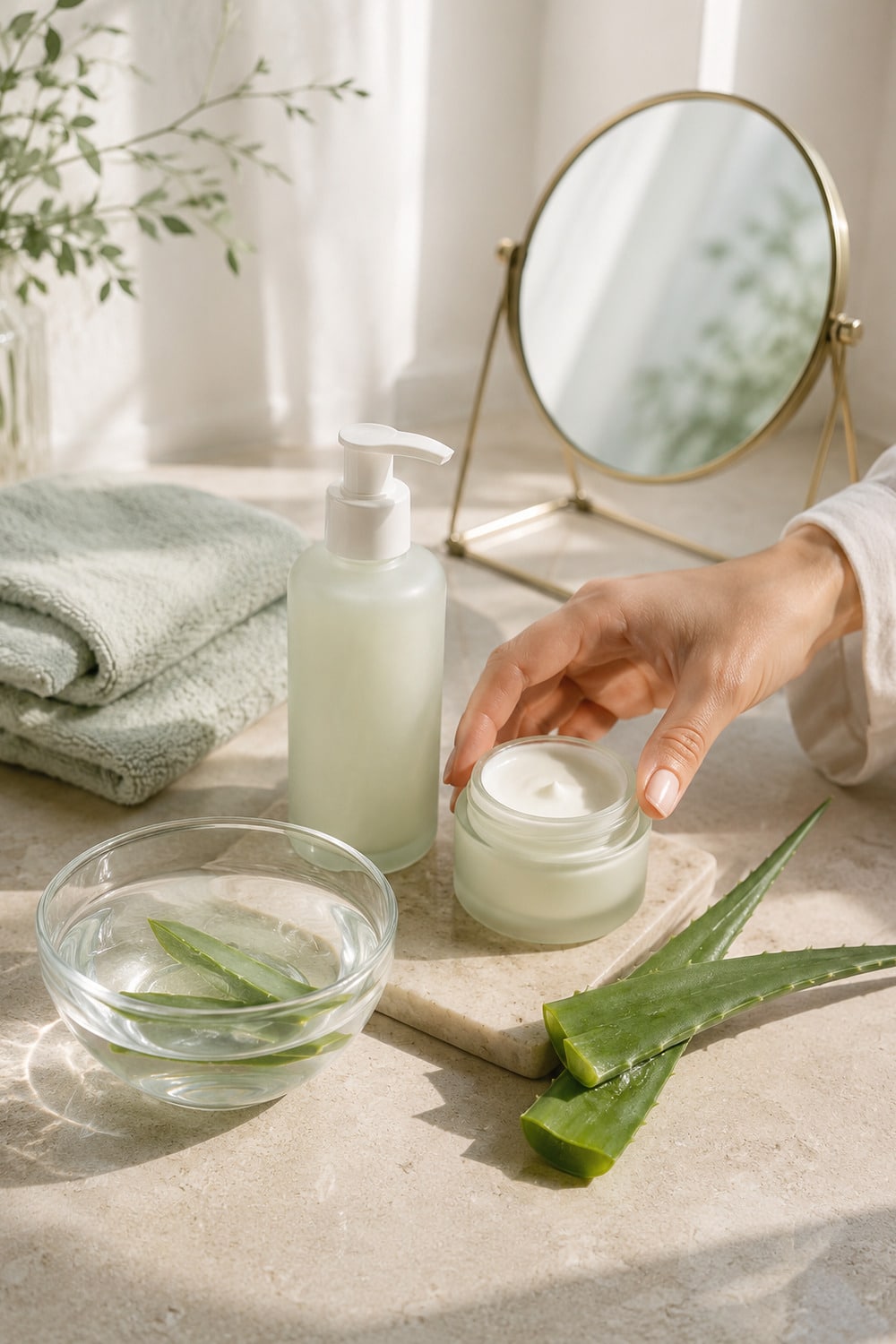 Aloe-Inspired Skincare for Hot Summer Days aloe inspired skincare routine with gentle summer beauty products and fresh green accents