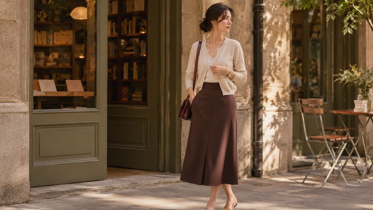 bookstore date style with a refined cardigan skirt and elegant weekend accessories