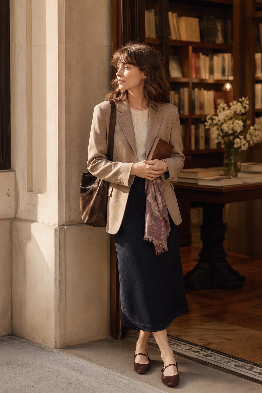 Bookstore Date Style 7 Stunning Outfit Ideas for a Soft Weekend Mood bookstore date style with a soft cardigan midi skirt and polished weekend accessories