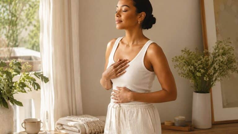 Breathwork for busy women in a calm wellness setting with soft window light and gentle breathing practice