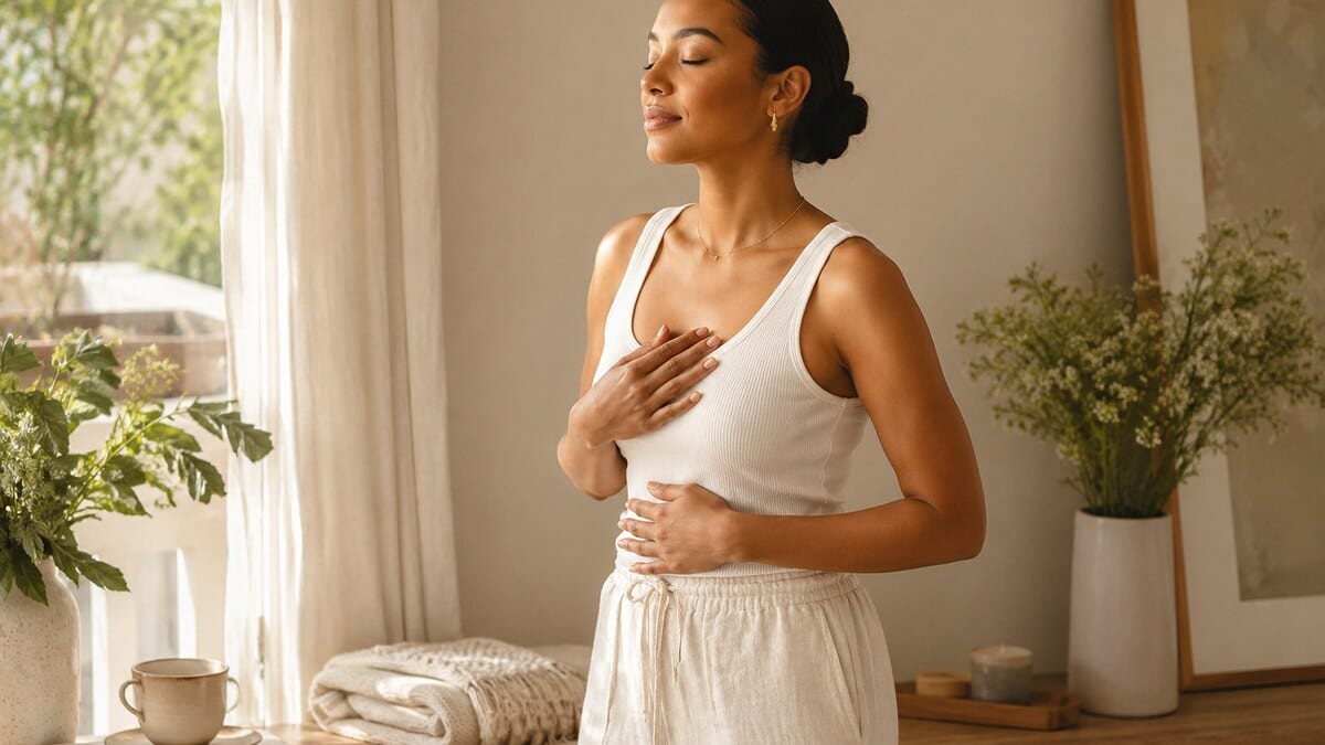 Breathwork for busy women in a calm wellness setting with soft window light and gentle breathing practice