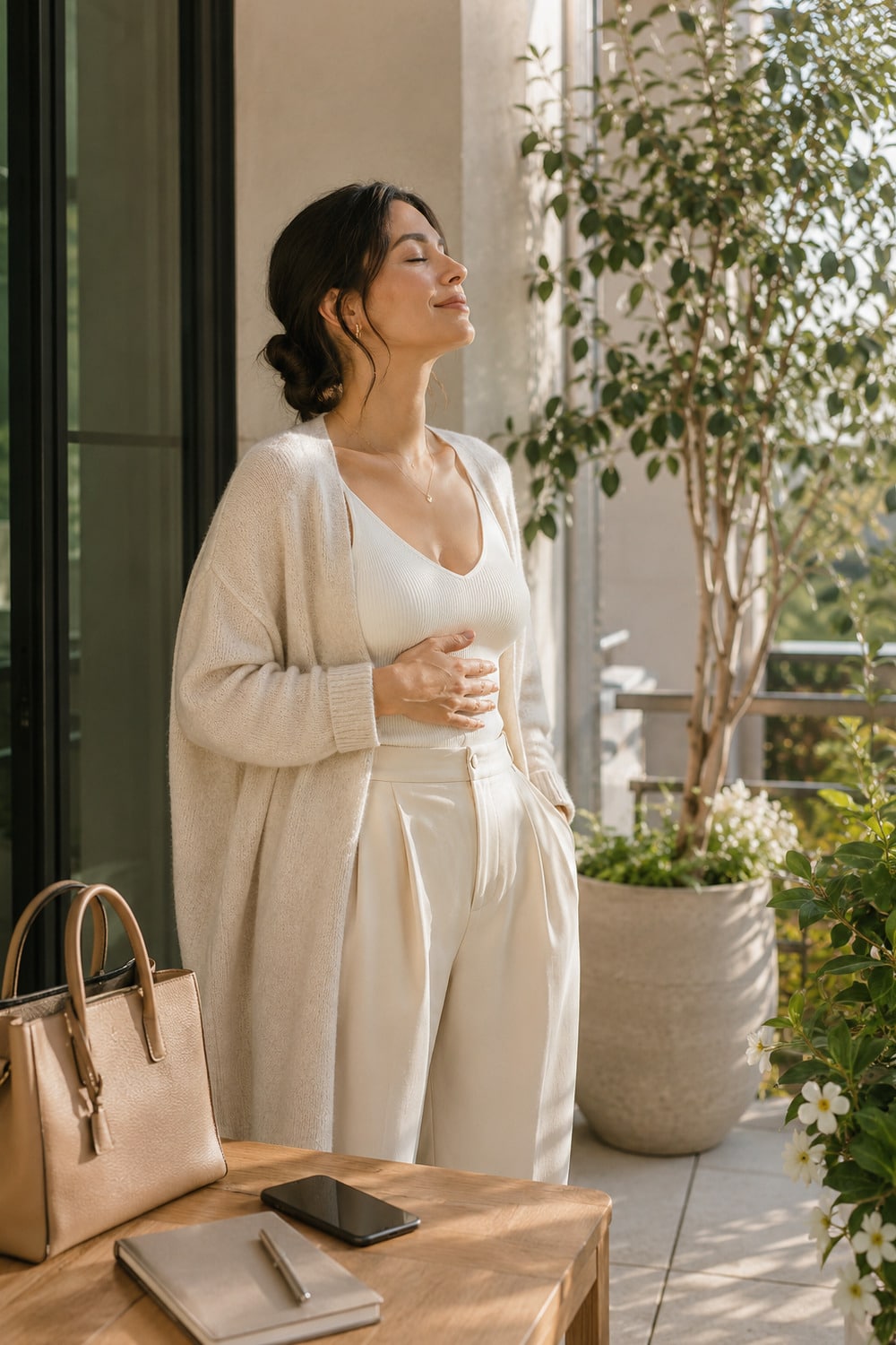 Breathwork for Busy Women: 7 Simple Practices for Calmer Moments Breathwork for busy women in a calm window corner with soft light, tea, and gentle wellness details