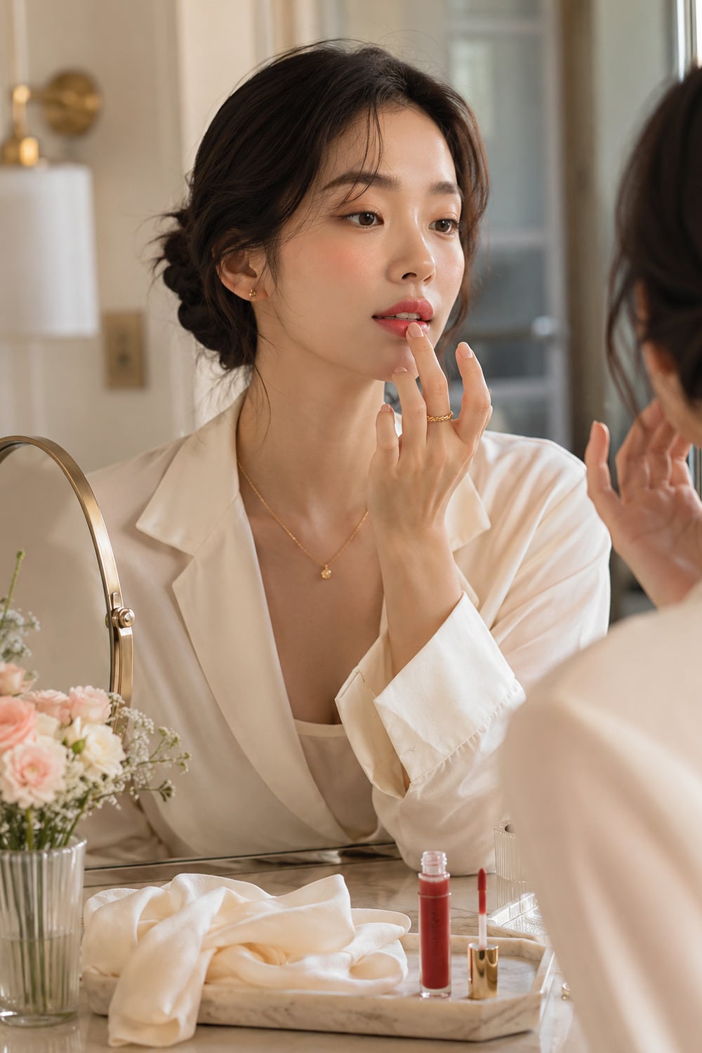 cherry lip tint with soft summer makeup and fresh polished color