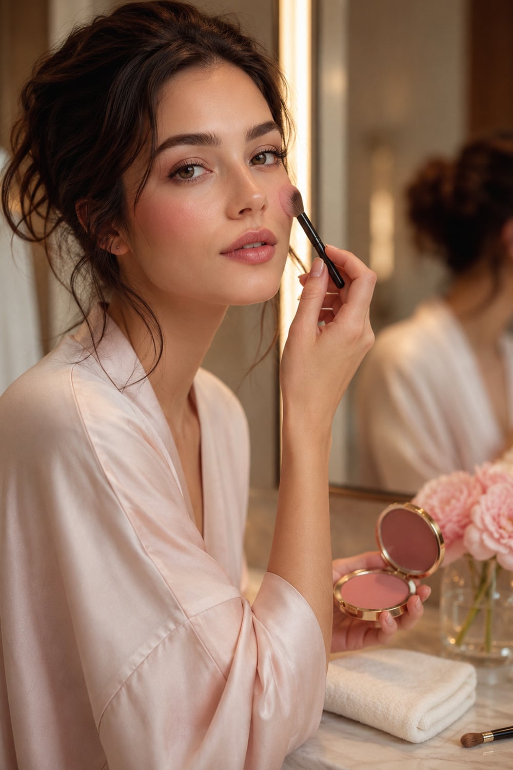 Cloud Blush Makeup for a Soft Diffused Glow cloud blush makeup with soft pink cheeks and fresh skin in a beauty vanity scene