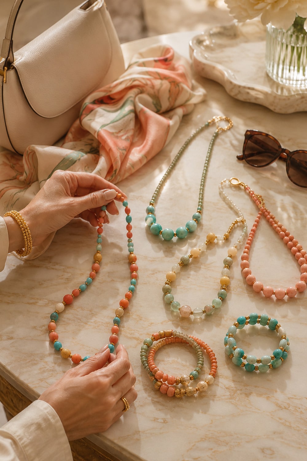 colorful bead jewelry styled with a neutral summer outfit and elegant accessories