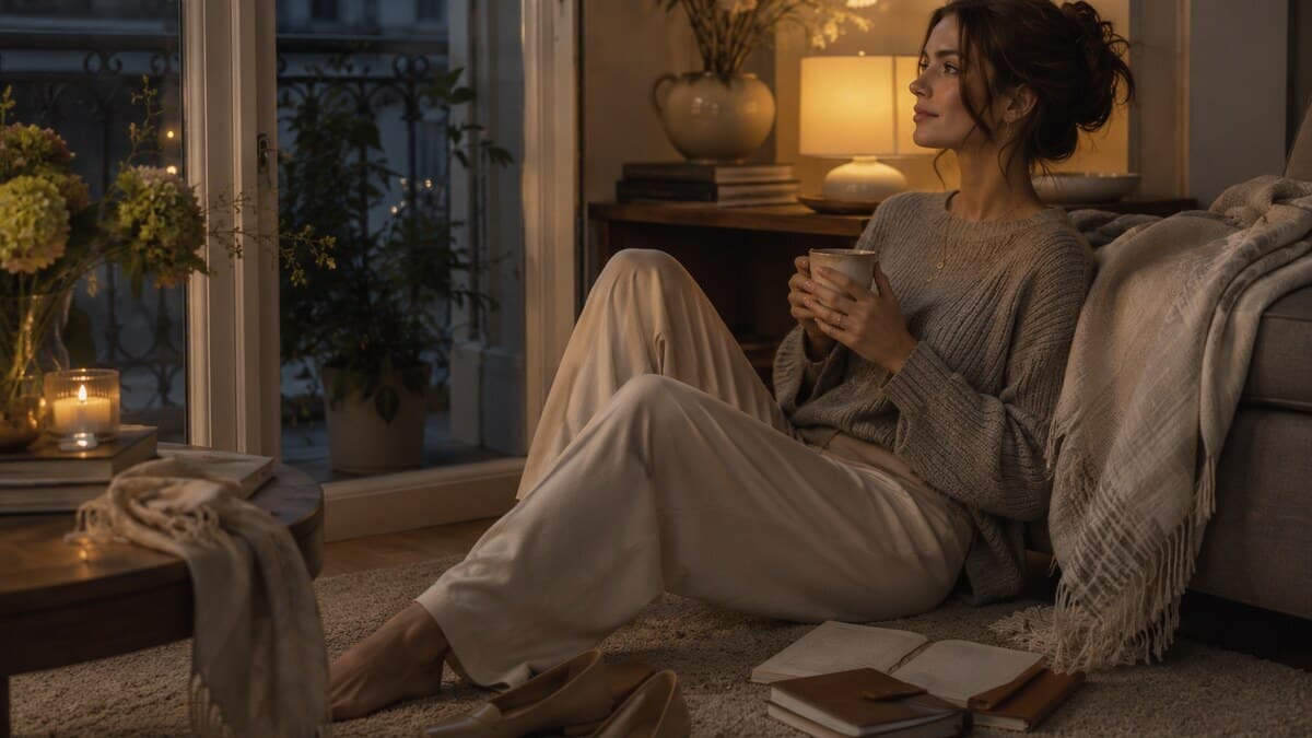 emotional cooldown rituals shown through a calm woman settling after a long day in a soft evening interior