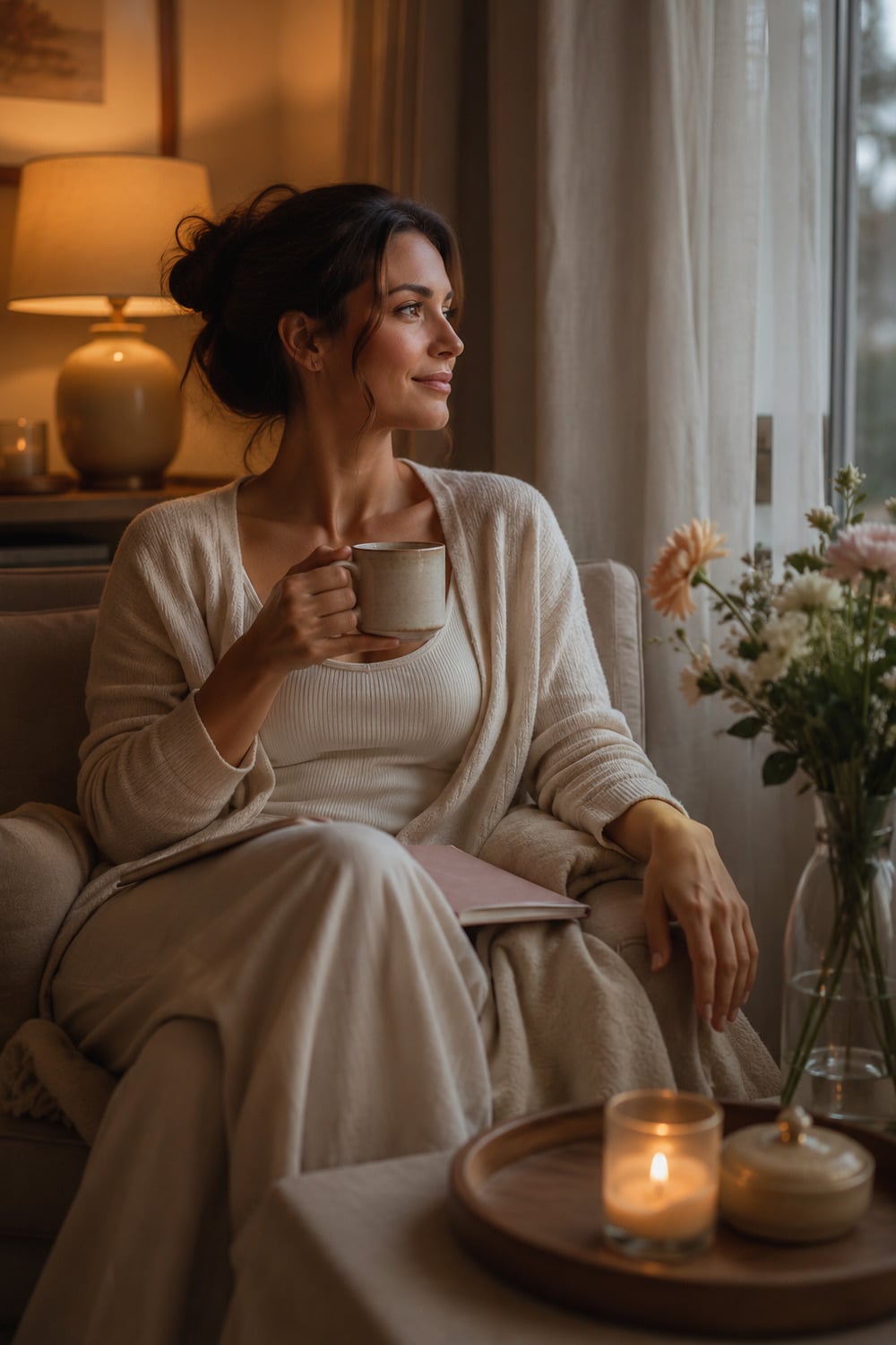 Emotional Cooldown Rituals 7 Gentle Ways to Settle After a Long Day emotional cooldown rituals with a calm woman settling after a long day in a soft evening home corner