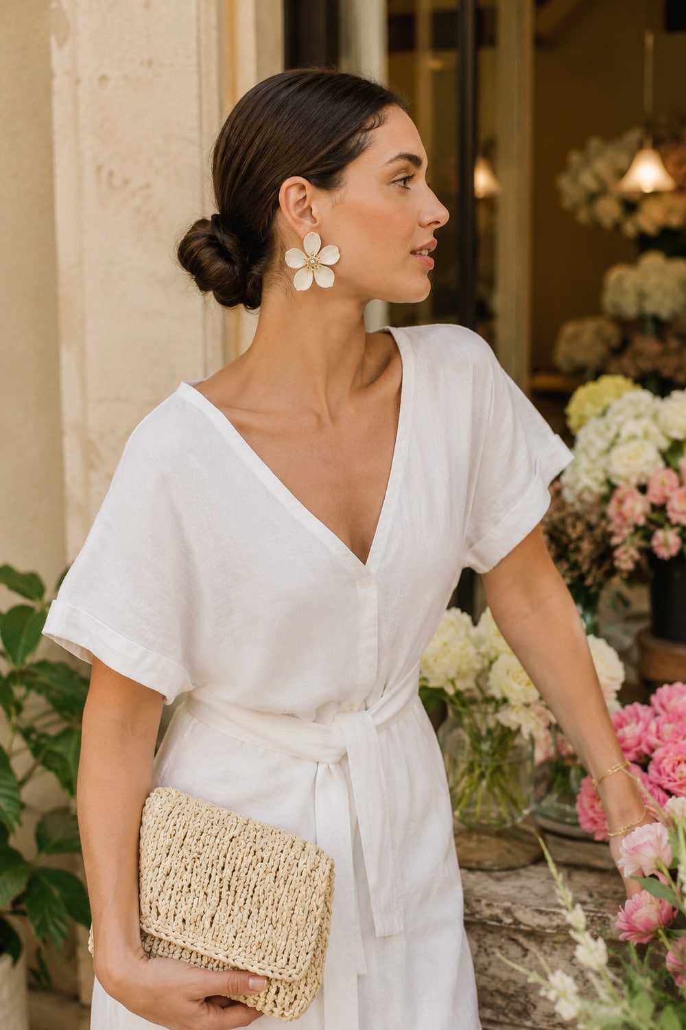Flower Earrings Style 7 Beautiful Ways to Wear the Bold Summer Accessory flower earrings style with an elegant summer outfit and soft feminine accessories