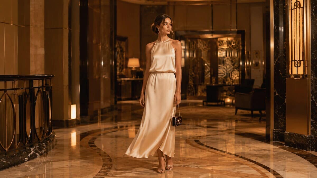 Jazz Age dress style with a modern Art Deco evening dress and elegant accessories