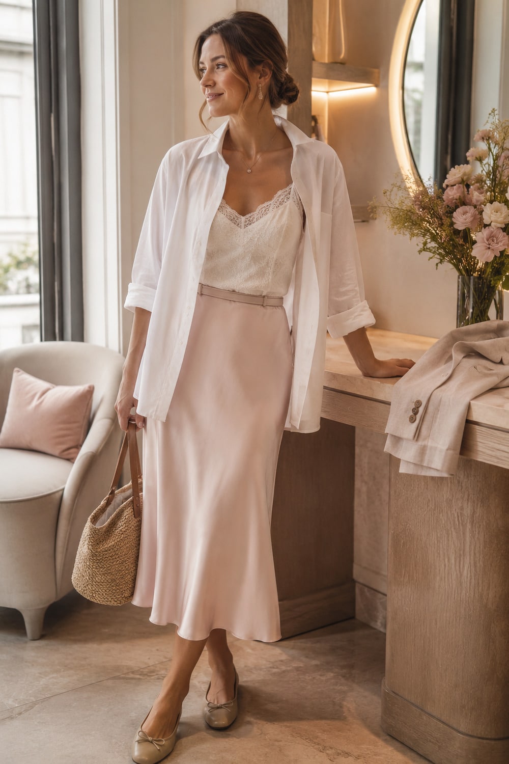 lace cami style with a soft ivory camisole tailored linen blazer and elegant summer accessories