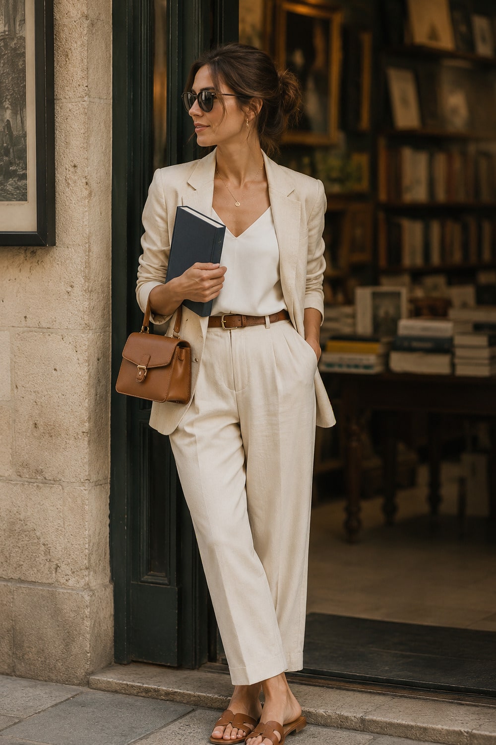 literary chic style outfit with a soft blazer, bookish accessories and elegant summer details