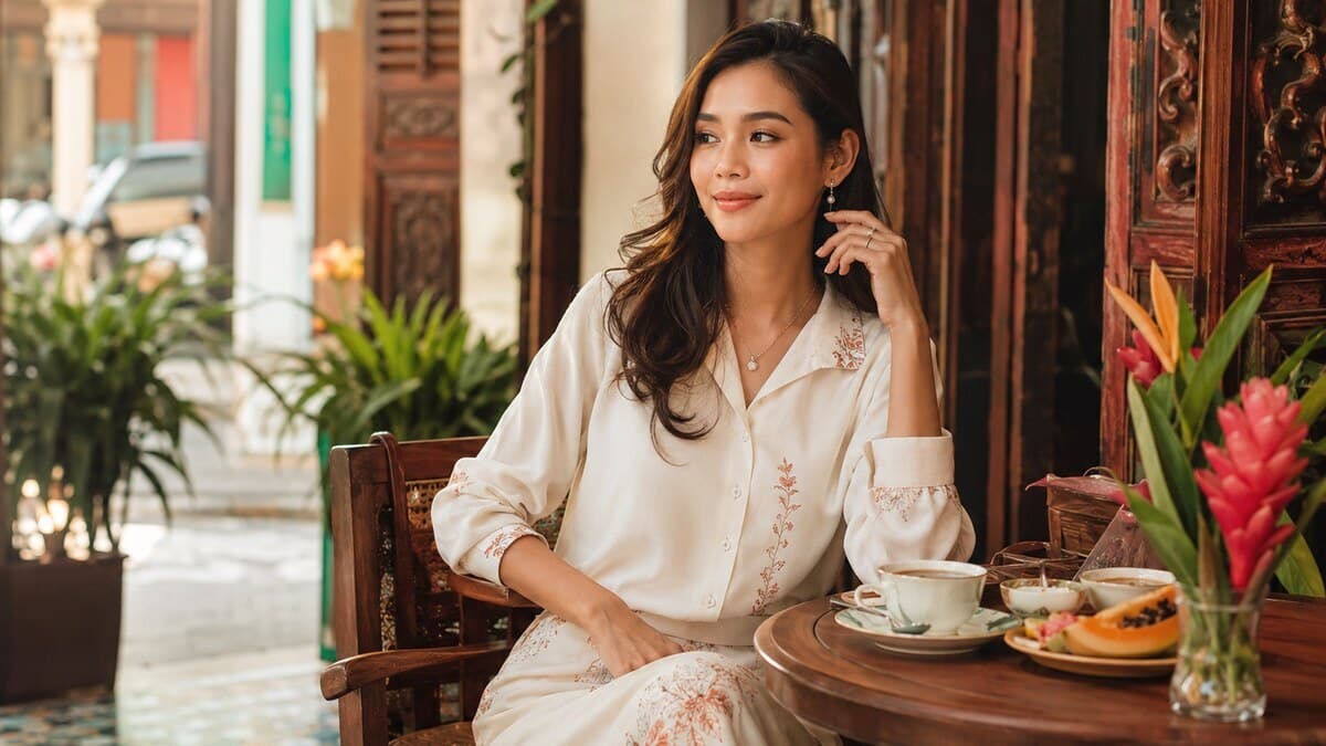 malaysian women lifestyle inspiration in a modern tropical cafe with cultural beauty details