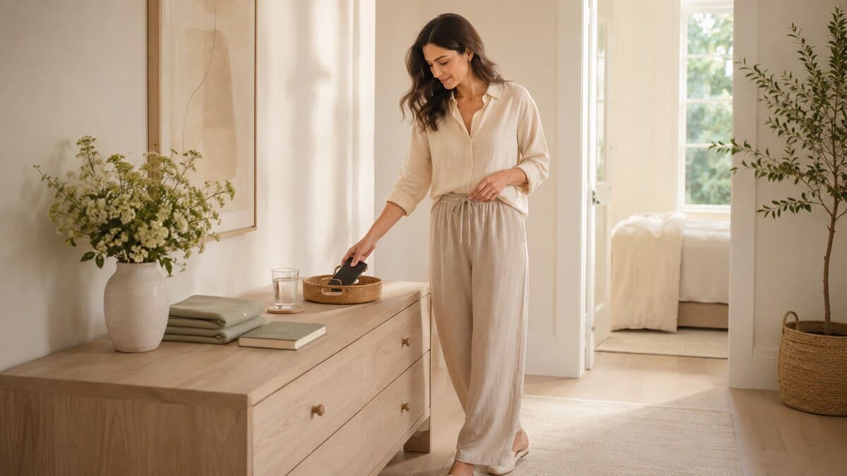 Mind declutter for women with a calm digital boundary and cleared home surface