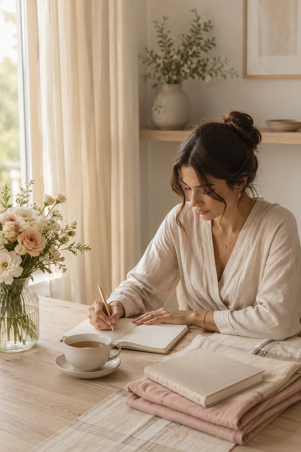 Mind declutter for women shown through a calm journaling and tea ritual