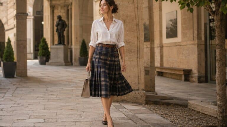 modern kilt skirt style with heritage plaid skirt and polished summer outfit
