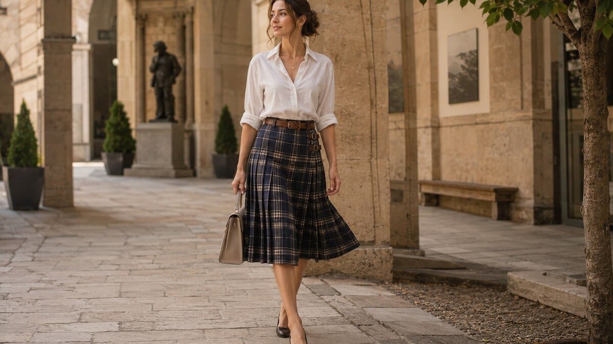 modern kilt skirt style with heritage plaid skirt and polished summer outfit