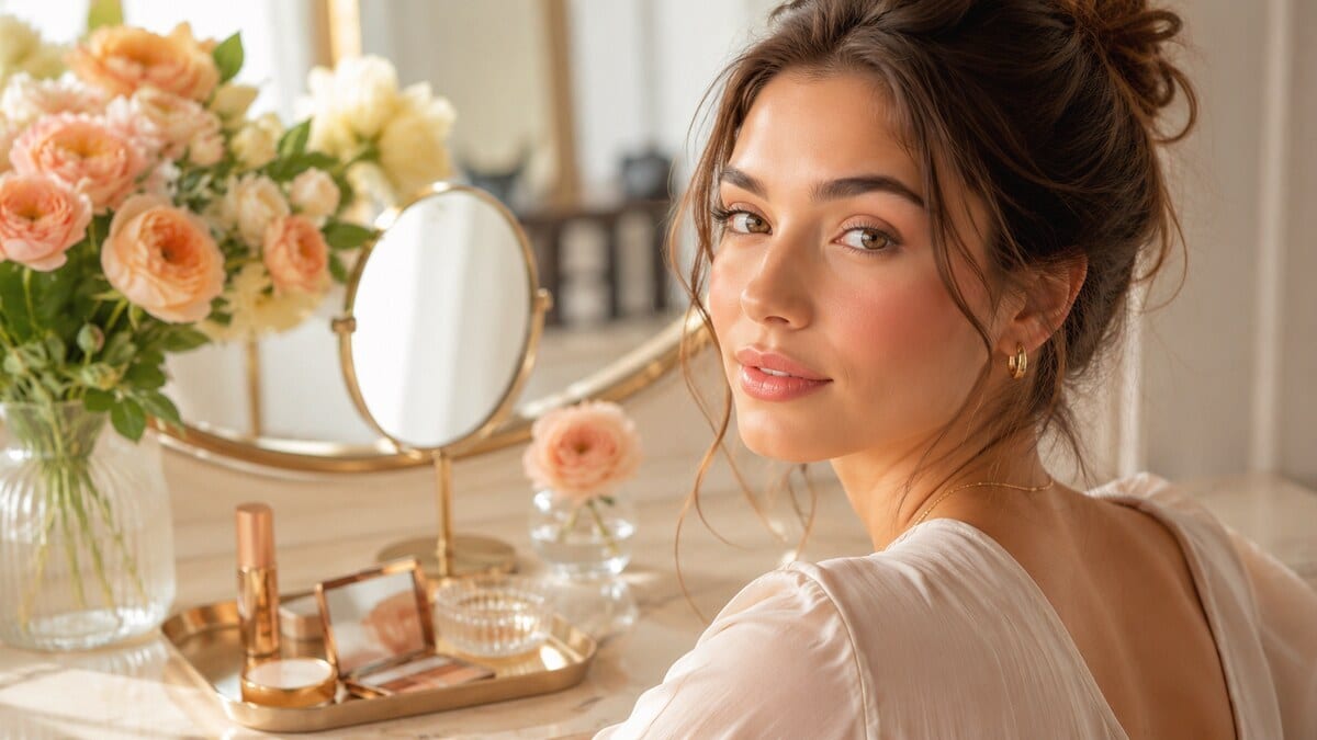peach makeup look summer glow with soft peach cheeks and clean summer beauty