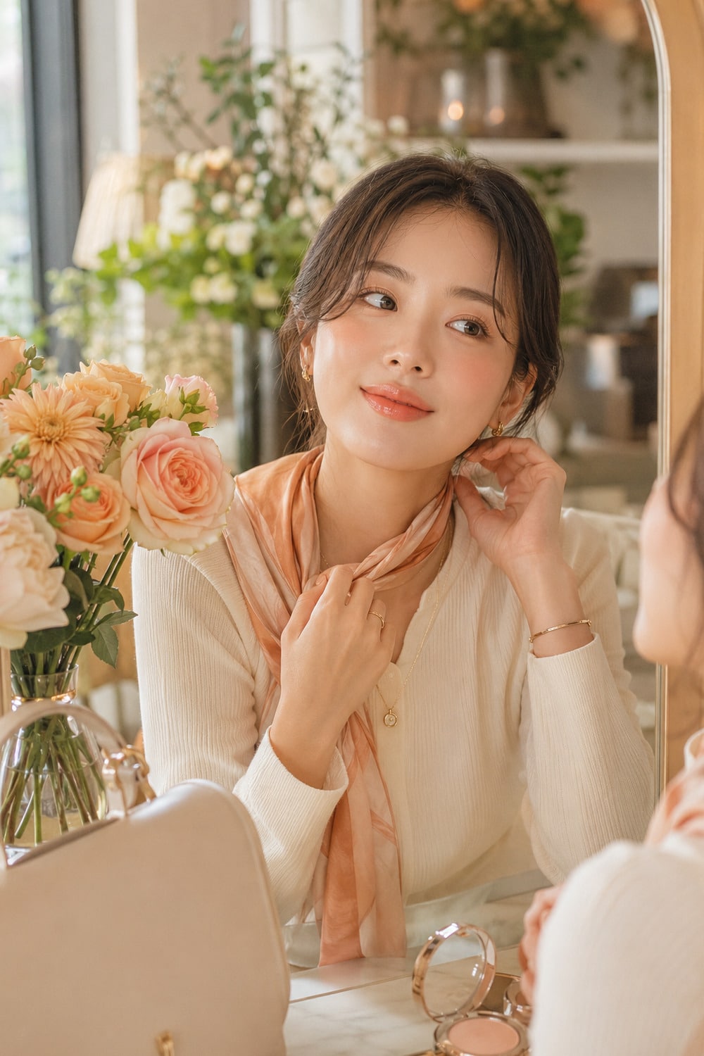 Soft peach summer makeup with warm blush, fresh lips, and clean radiant skin