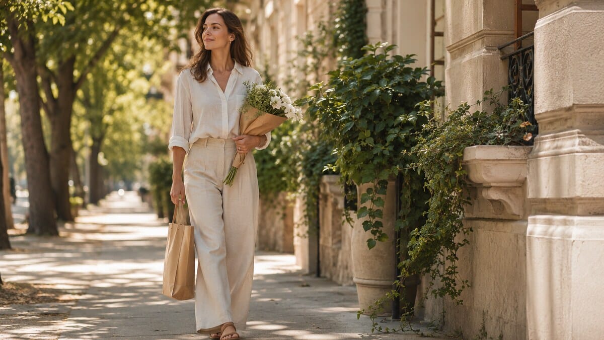 pleasure walking for women shown through a calm woman taking an elegant summer walk on a shaded city street